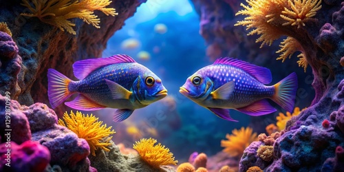Vibrant aquatic life, two iridescent fish face each other amidst colorful coral reefs and vibrant underwater flora