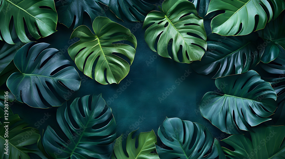 custom made wallpaper toronto digitalLush green tropical leaves arranged on a dark teal background. Perfect for a nature-inspired design.