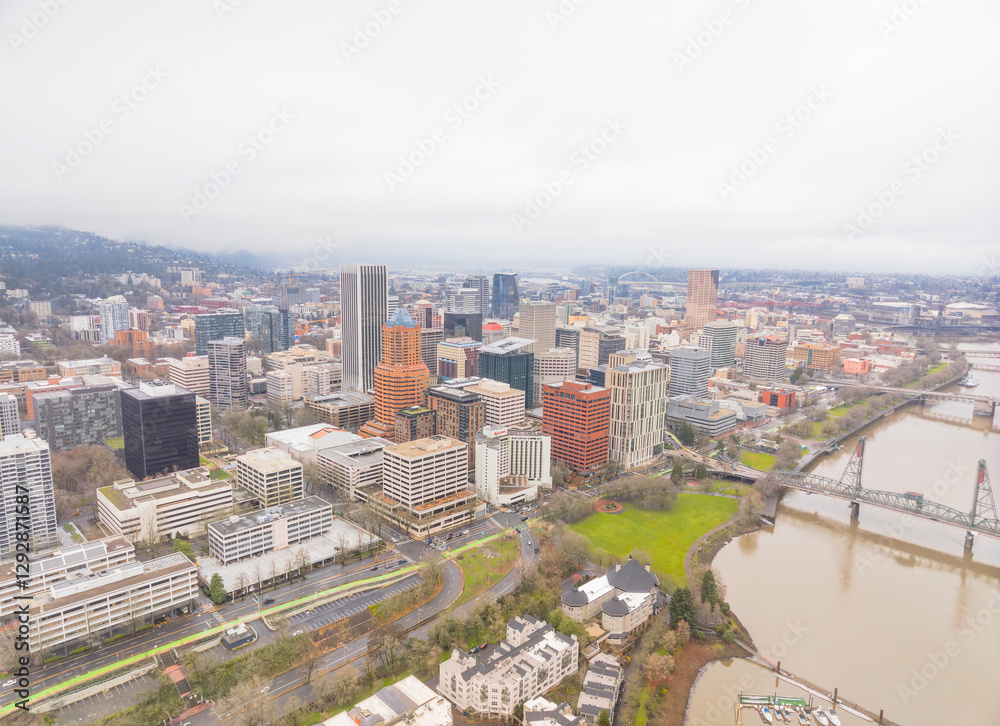 Fototapeta premium A city view from above with a bridge in the background