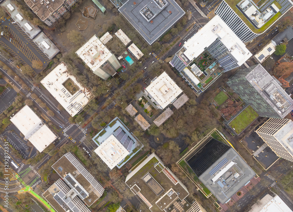 A city view from above with tall buildings and a park