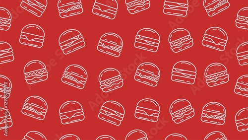 Red hamburger background. Seamless pattern of burger doodle line art. Packaging, wrapper, banner, wallpaper