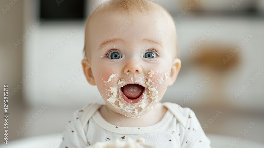 Happy Baby Enjoying Messy Meal with Fun Expressions and Vibrant Eyes Lighthearted Mood and Joyful Moment Happy Baby Enjoying Messy Meal with Fun Expressions and Vibrant Eyes Lighthearted Mood and Joyful Moment