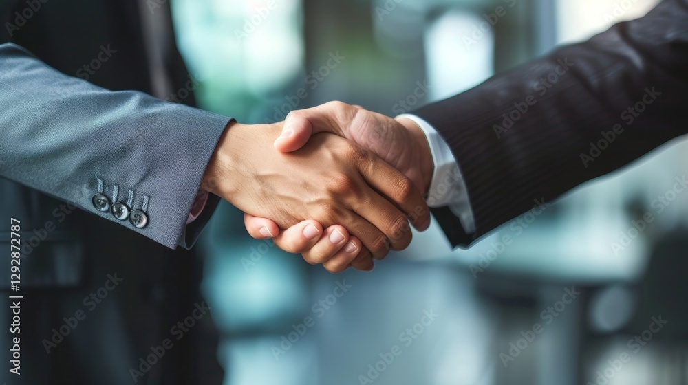 Two business professionals in suits shaking hands in a corporate office, symbolizing partnership and collaboration.. Two business professionals in suits shaking hands in a corporate office, symbolizing partnership and collaboration..