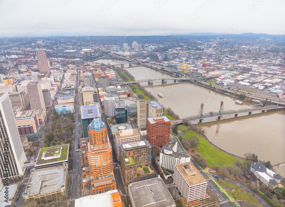 A city view from above with a river running through it