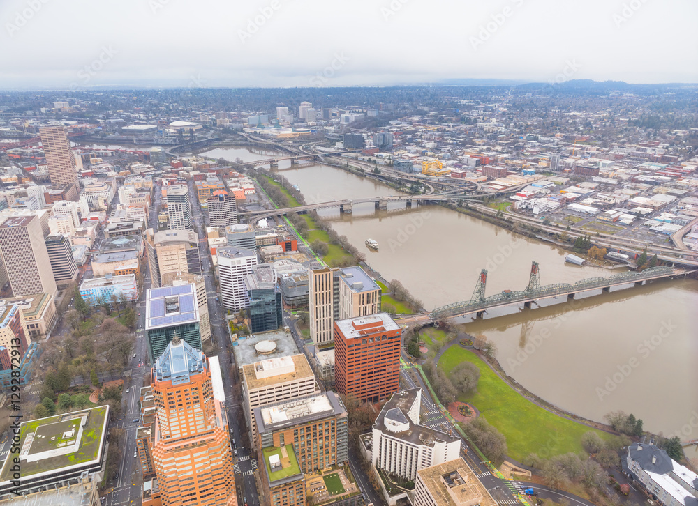 Fototapeta premium A city view from above with a river running through it