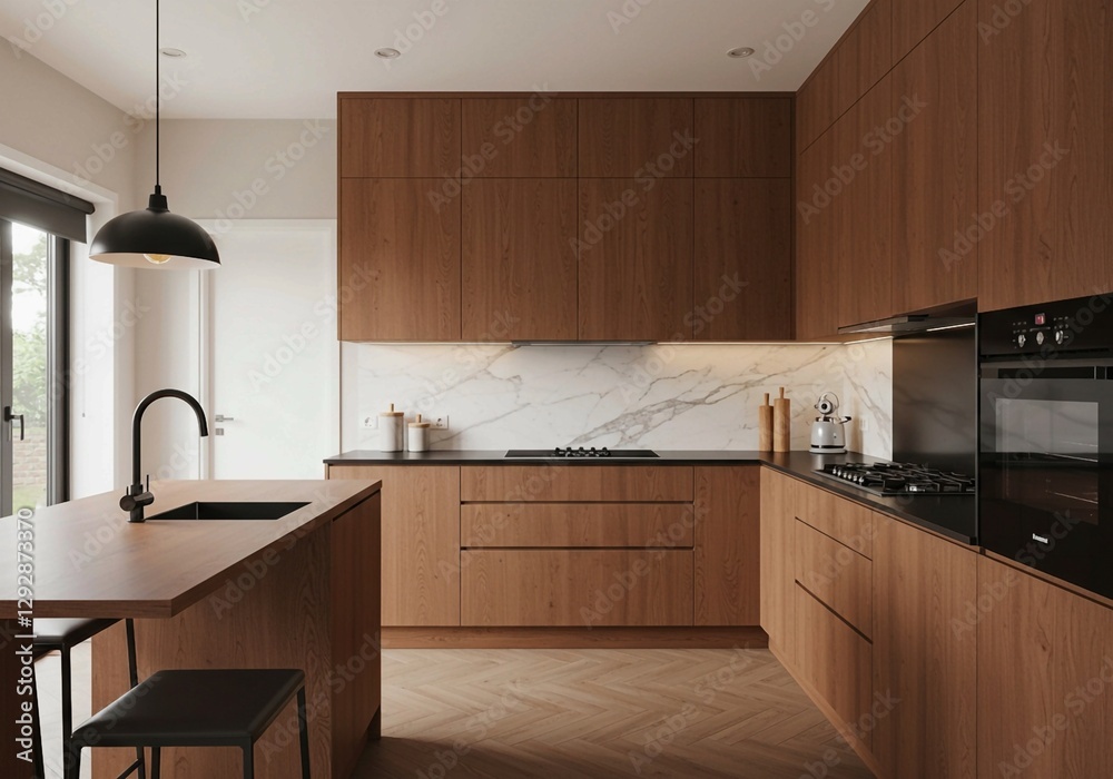 Fototapeta premium The warm wood tones and contrasting dark countertops create a stylish and inviting atmosphere in this modern kitchen with a dining area