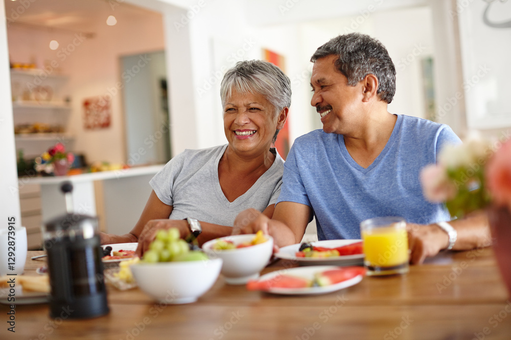 Happy, elderly couple and eating breakfast in home for healthy diet, wellness and support for love. Retirement, man and woman with morning food for nutrition, connection and relationship with partner Happy, elderly couple and eating breakfast in home for healthy diet, wellness and support for love. Retirement, man and woman with morning food for nutrition, connection and relationship with partner