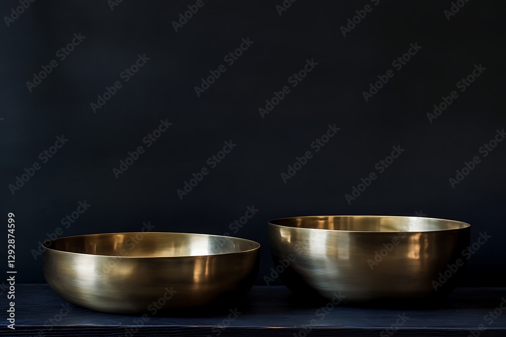 Two Elegant Gold Metal Bowls on Dark Surface Two Elegant Gold Metal Bowls on Dark Surface