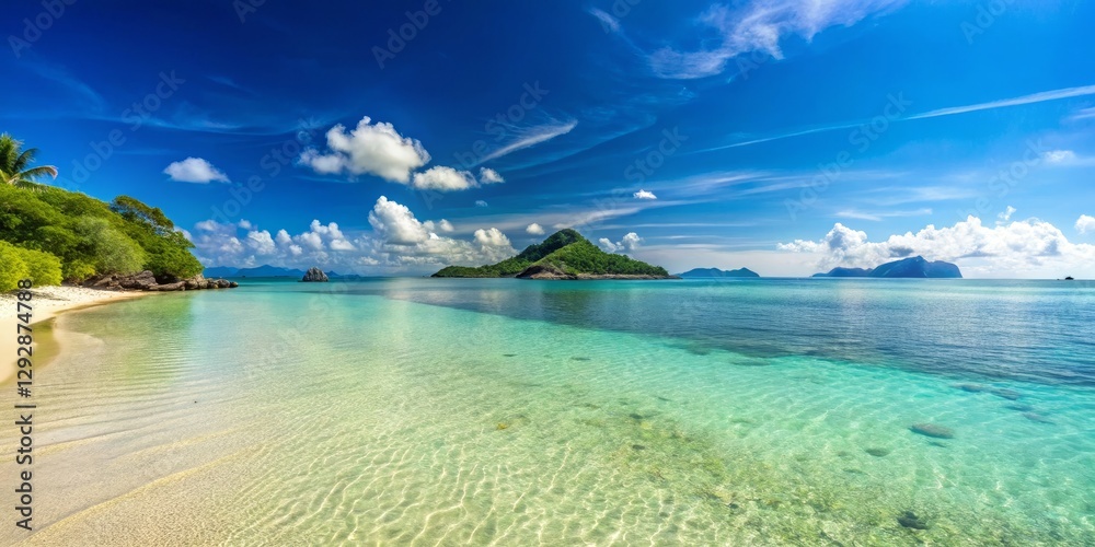Fototapeta premium Serene Tropical Beach with Clear Water and Lush Green Landscape