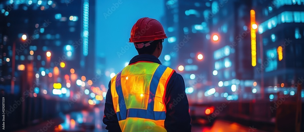 Fototapeta premium Construction Worker in Reflective Vest Observing Cityscape at Night with Illuminated Skyscrapers and Urban Lights