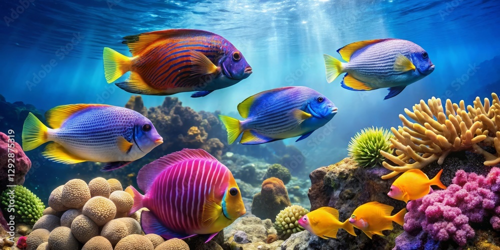 Naklejka premium Vibrant Reef Inhabitants A Symphony of Colorful Fish and Coral in an Underwater Paradise