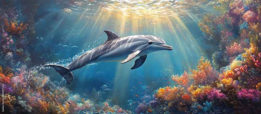 Fototapeta premium Majestic Dolphin Swimming Gracefully Through Vibrant Coral Reef Under Sunlit Ocean Waters