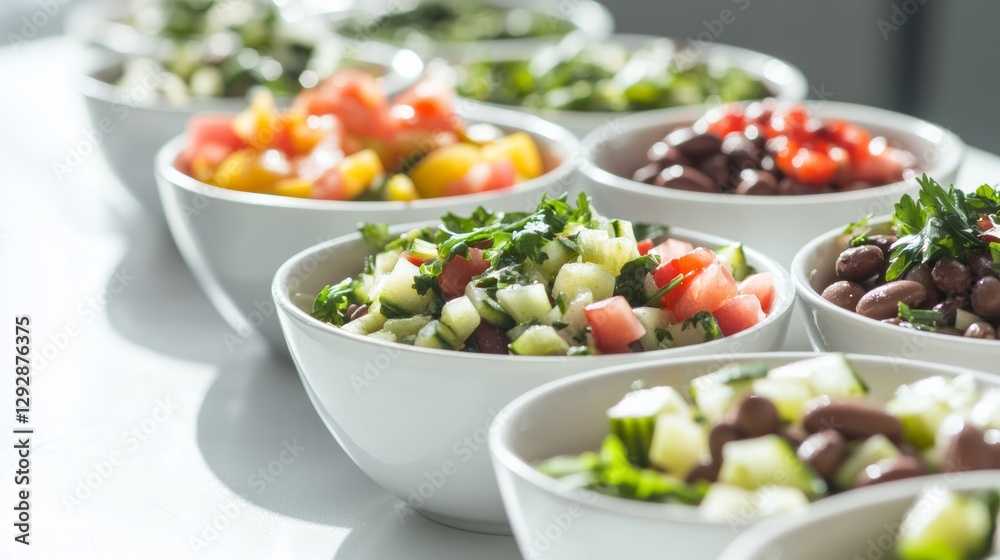 School cafeteria with students eating mixed bean salads. Featuring beans, tomatoes, and greens School cafeteria with students eating mixed bean salads. Featuring beans, tomatoes, and greens
