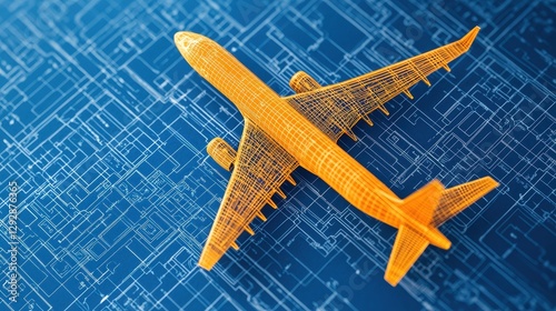 Orange wireframe airplane model on blueprint background showcasing modern aviation technology and design concepts