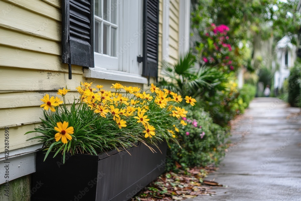 Naklejka premium Exterior house siding sidewalk and colorful yellow flowers in a planter in Charleston South Carolina