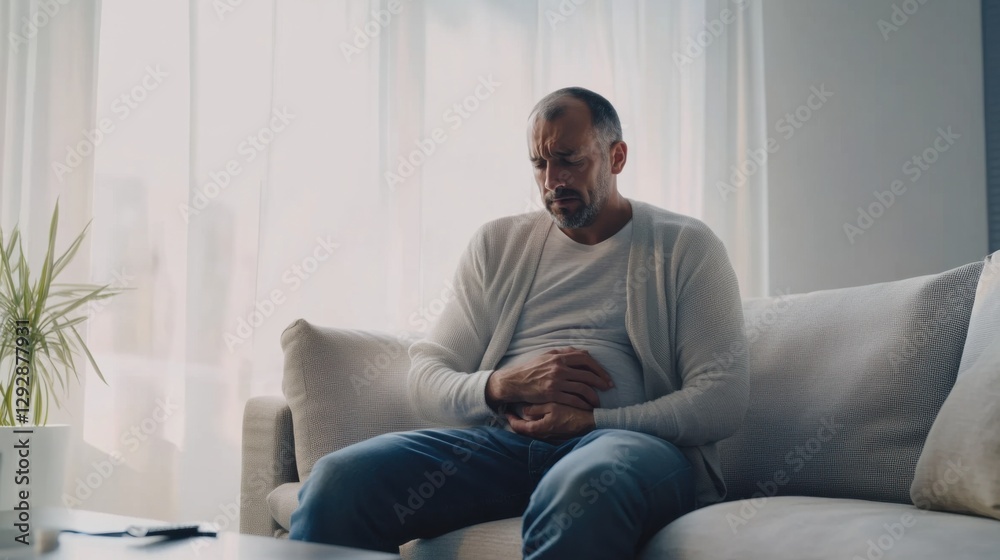 Abdominal pain suffered by a man sitting on a sofa in a modern living room. Featuring discomfort and unease Abdominal pain suffered by a man sitting on a sofa in a modern living room. Featuring discomfort and unease