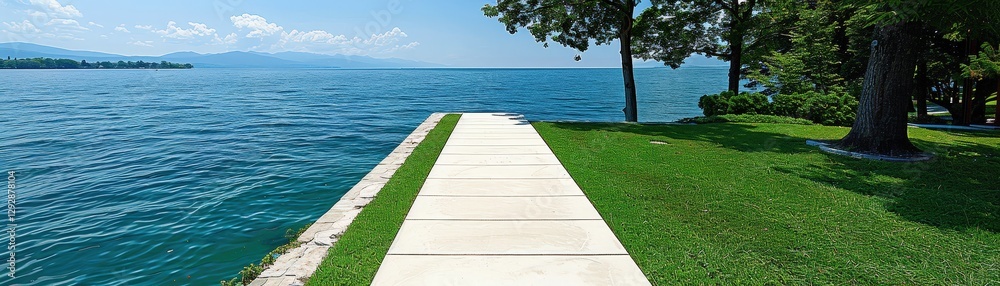 A serene pathway lined with grass leads to a shimmering body of water, framed by trees under a bright blue sky. A serene pathway lined with grass leads to a shimmering body of water, framed by trees under a bright blue sky.