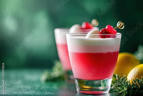 Gin based pink cocktail featuring grenadine lemon juice and egg white set against a dark green backdrop with bright lighting and shadow patterns photo