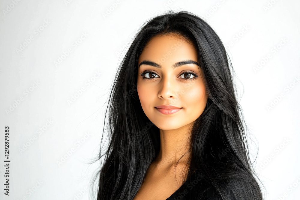 Radiant Indian Woman with Smooth, Silky Black Hair Against a Clean White Backdrop Radiant Indian Woman with Smooth, Silky Black Hair Against a Clean White Backdrop