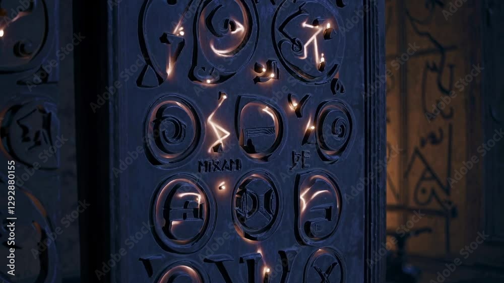 A mysterious, dimly lit room with an ancient table, surrounded by candles and cryptic symbols. Low-angle video shot enhances the eerie atmosphere. A mysterious, dimly lit room with an ancient table, surrounded by candles and cryptic symbols. Low-angle video shot enhances the eerie atmosphere.