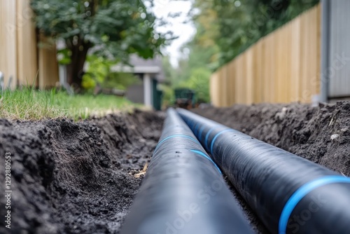 HDPE pipe recognized for its blue stripes is often used for underground water conveyance photo