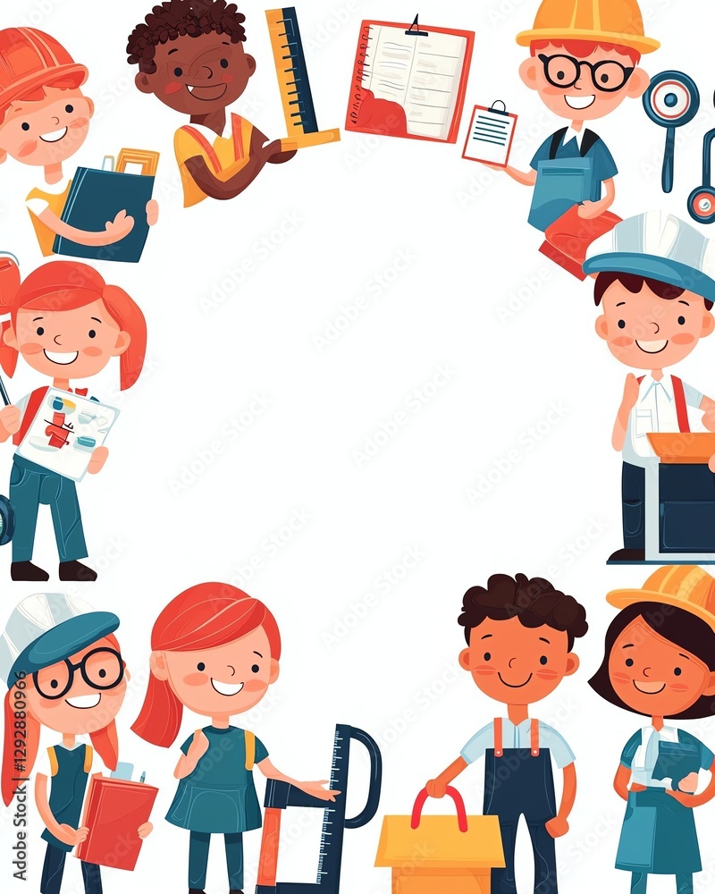 Cheerful Take Our Daughters and Sons to Work Day greeting card with colorful border of children and adults in various professions