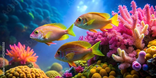 Vibrant Reef Scene with Three Tropical Fish Swimming Amongst Colorful Coral and Anemones