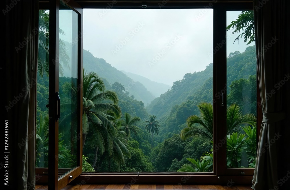 View from the window of a tropical forest in the fog View from the window of a tropical forest in the fog