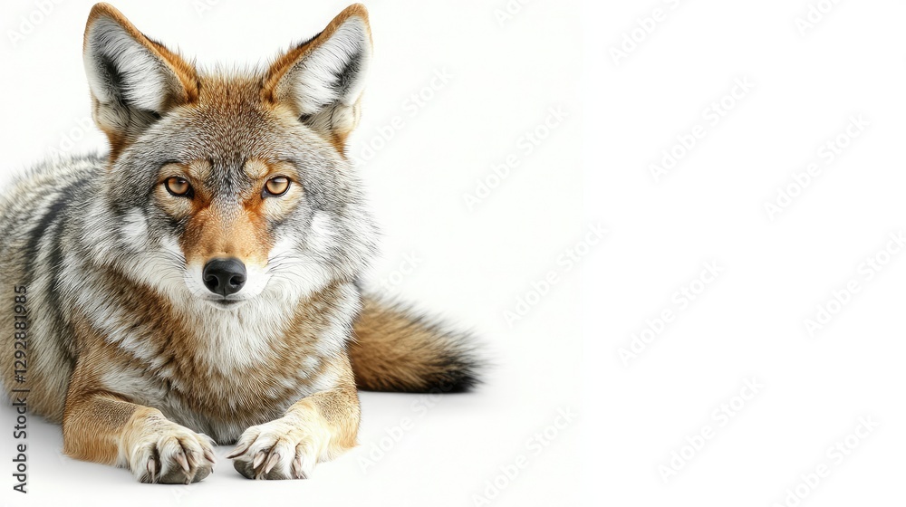 Obraz premium A close-up of a coyote resting on a white background, showcasing its features and fur.