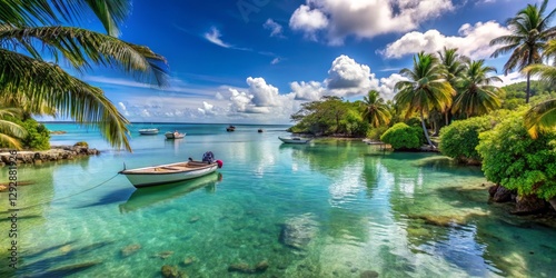 Serene Tropical Bay with Crystal Clear Water and Lush Palm Trees
