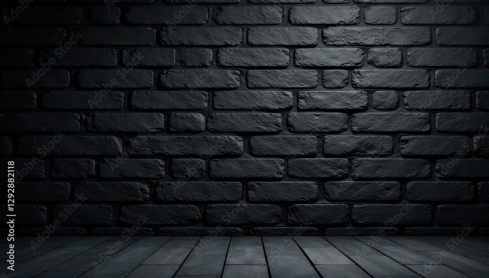 Fototapeta premium Black brick wall panoramic view Deep shadows, rugged texture , rough, design, wall