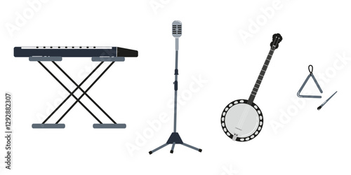 Musical instruments displayed in a creative arrangement for a performance or jam session