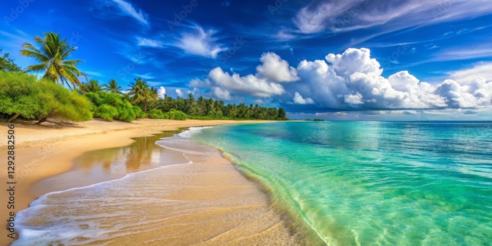 Obraz premium Serene Tropical Beach Under Blue Sky with White Clouds and Palm Trees