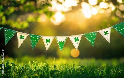 Happy St. Patrick's Day Background, a triangular string of green and white mini flags with shamrocks, hanging across a blurred grassy field with golden sunlight, vibrant and cheerful, Irish pride photo