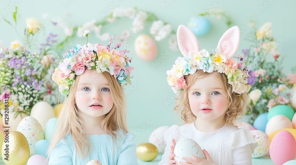 Two Adorable Children Wearing Bunny Ears Surrounded by Colorful Easter Eggs and Flowers Two Adorable Children Wearing Bunny Ears Surrounded by Colorful Easter Eggs and Flowers
