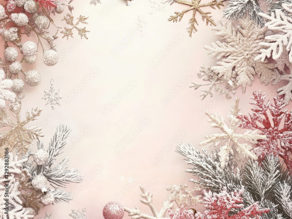 Festive Frost: A vibrant festive arrangement features a variety of decorative elements, including delicate snowflakes and winter berries that frame a central space. Festive Frost: A vibrant festive arrangement features a variety of decorative elements, including delicate snowflakes and winter berries that frame a central space.