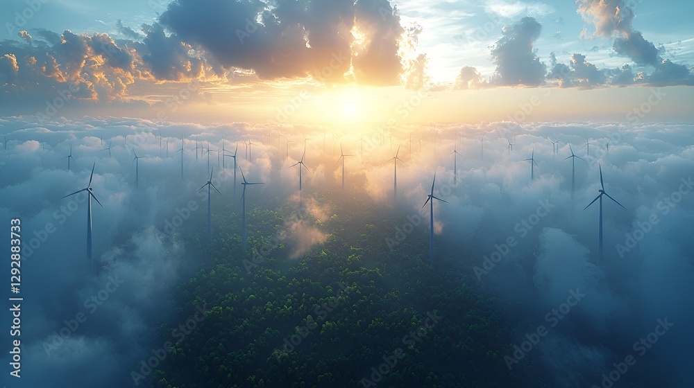 Fototapeta premium Aerial view wind turbines above clouds over a lush forest at sunset. Possible use Stock photo for environmental conservation, renewable energy, or nature-themed projects