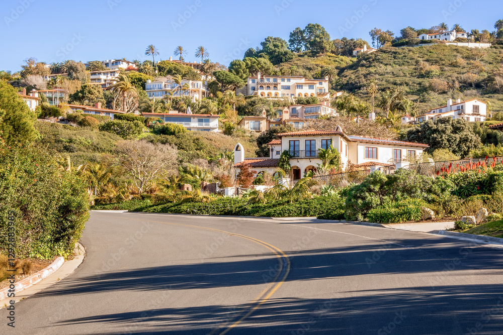 Streets and roads of Palos Verdes Estates, displaying clean neighborhood, community enhanced environment, lush landscape with ocean and countryside views