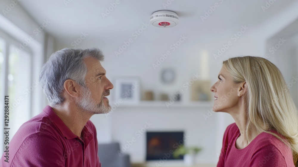 A couple discussing carbon monoxide safety measures in their home. Featuring partnership and responsibility A couple discussing carbon monoxide safety measures in their home. Featuring partnership and responsibility