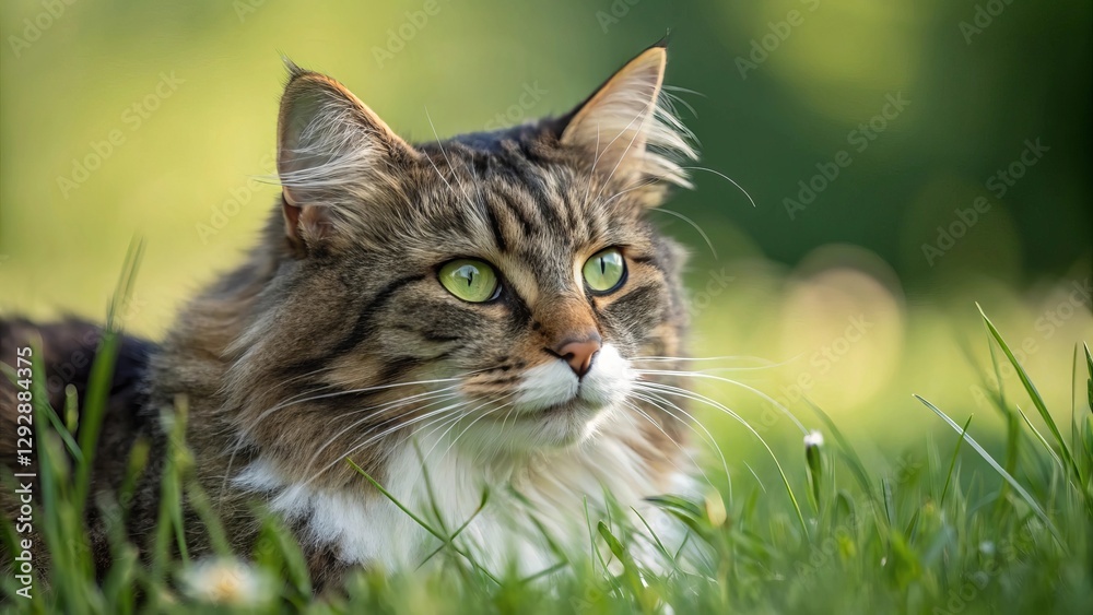 Beautiful Maine Coon Cat Relaxing in a Lush Green Field. Beautiful Maine Coon Cat Relaxing in a Lush Green Field.