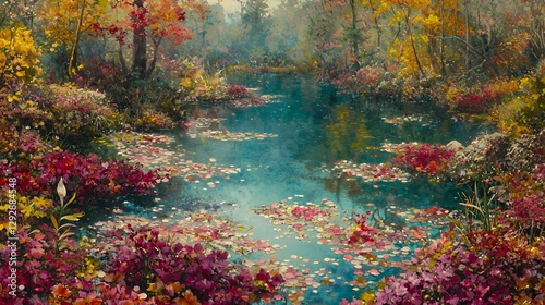 Autumnal Forest River Scene with Colorful Leaves and Reflections