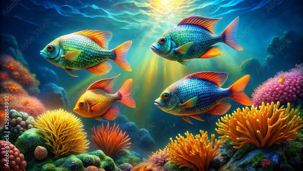 Vibrant Reef Inhabitants A School of Colorful Fish Gracefully Navigates a Lush Underwater Paradise, Bathed in Sunlit Rays Vibrant Reef Inhabitants A School of Colorful Fish Gracefully Navigates a Lush Underwater Paradise, Bathed in Sunlit Rays