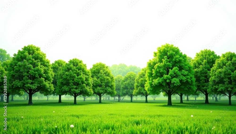 Fototapeta premium Lush green trees line up against a bright white sky , foliage, shadow, treetops