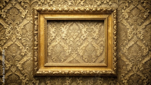 Old gold picture frame with ornate details on a damask cloth background
