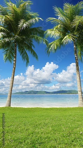 Two Palm Trees Frame Vibrant Ocean View on Sunny Tropical Beach