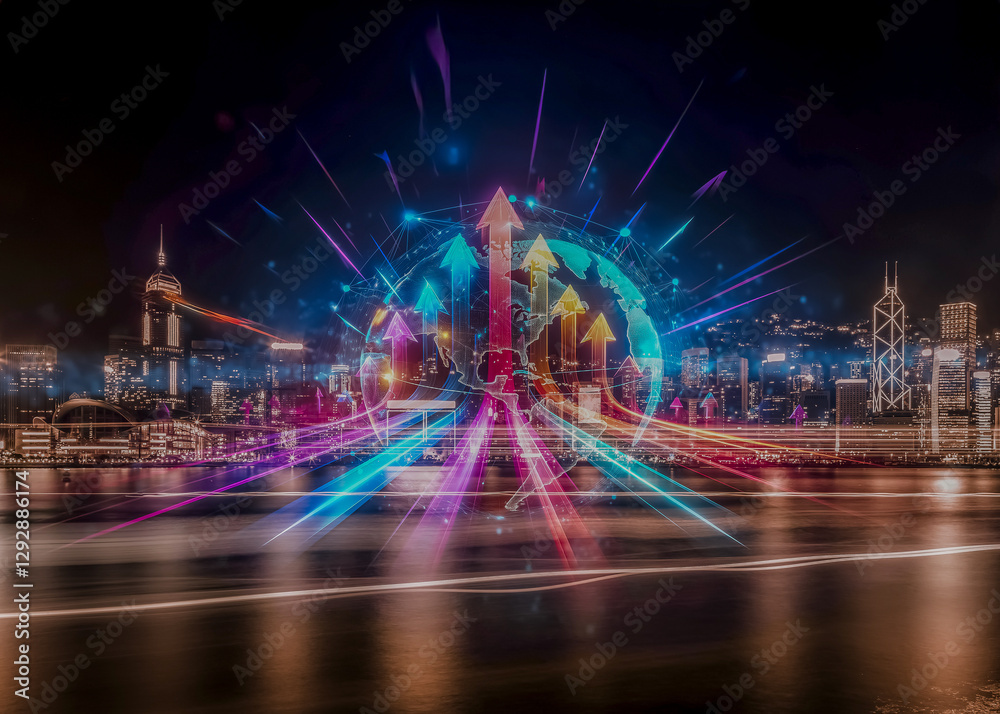 Fototapeta premium Hong Kong business concept of growing up with digital arrows pointing upwards in a vibrant cityscape at night.