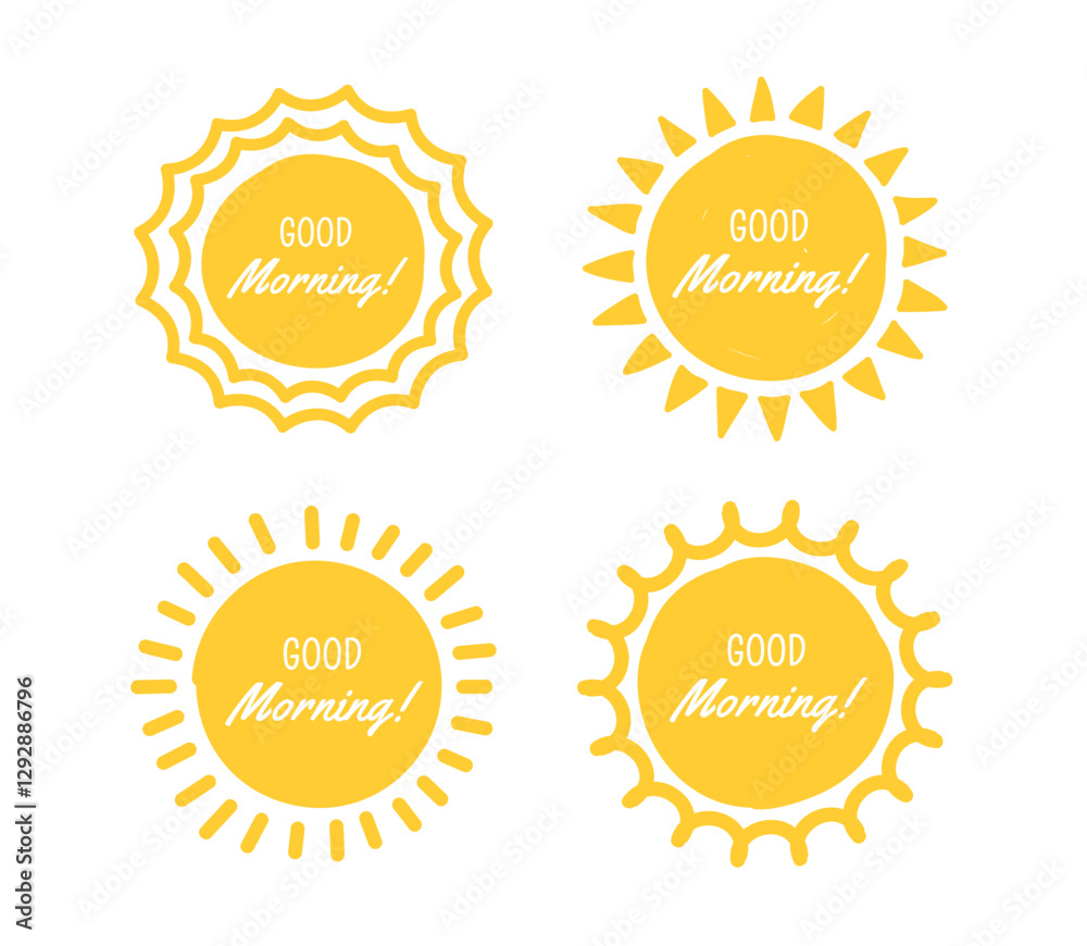 Fototapeta premium Four hand drawn suns with good morning phrase, vector eps10 illustration
