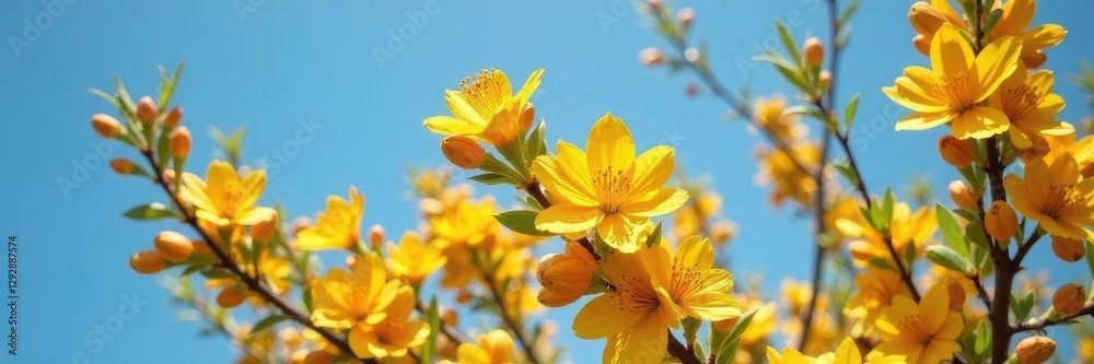 Maroon tree flowers with bright yellow petals against clear blue skies, yellow, clear Maroon tree flowers with bright yellow petals against clear blue skies, yellow, clear