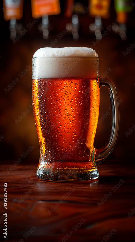 Photo of a glass of blond beer with white foam on top, a single small spill is dripping down from the top, studio light. Photo of a glass of blond beer with white foam on top, a single small spill is dripping down from the top, studio light.