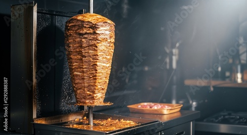 Turkish Doner Kebap on a grill stand, close-up shot